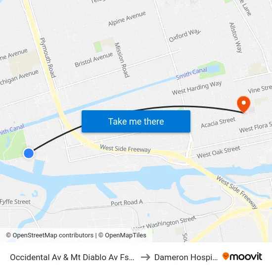 Occidental Av & Mt Diablo Av Fs/Nb to Dameron Hospital map
