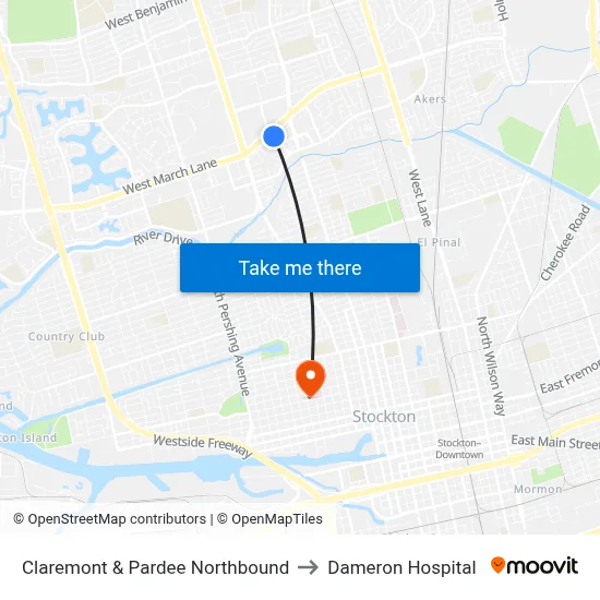 Claremont & Pardee Northbound to Dameron Hospital map