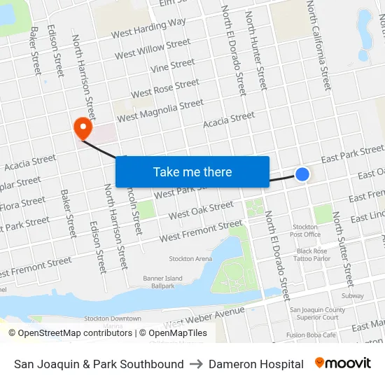 San Joaquin & Park Southbound to Dameron Hospital map