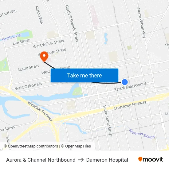 Aurora & Channel Northbound to Dameron Hospital map