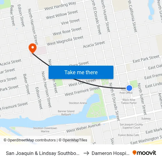 San Joaquin & Lindsay Southbound to Dameron Hospital map