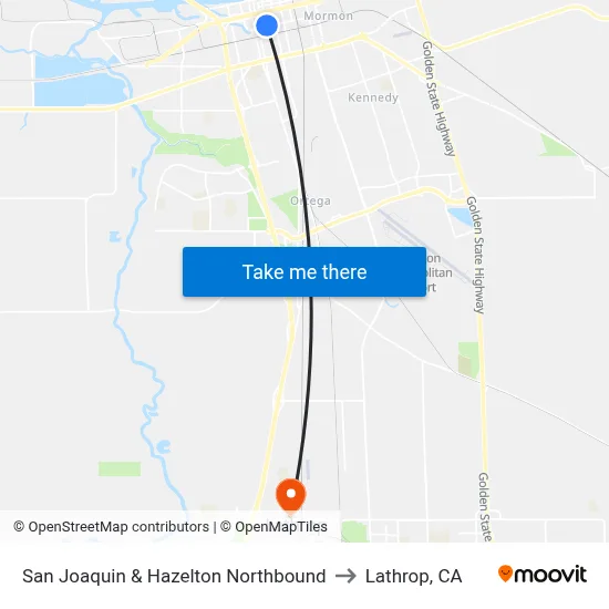 San Joaquin & Hazelton Northbound to Lathrop, CA map