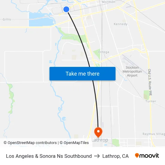 Los Angeles & Sonora Ns Southbound to Lathrop, CA map