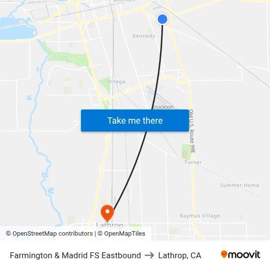 Farmington & Madrid FS Eastbound to Lathrop, CA map