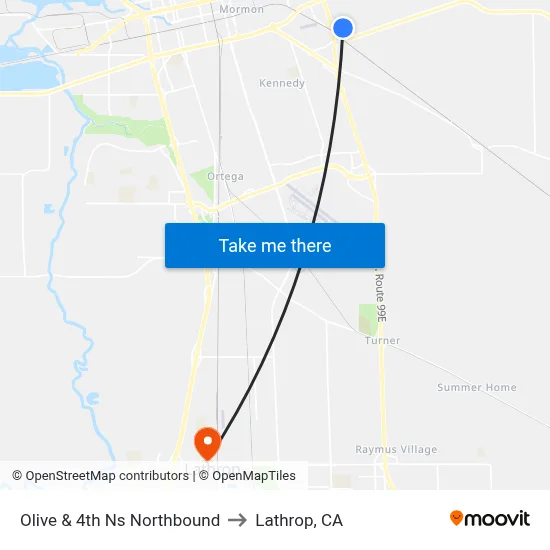 Olive & 4th Ns Northbound to Lathrop, CA map