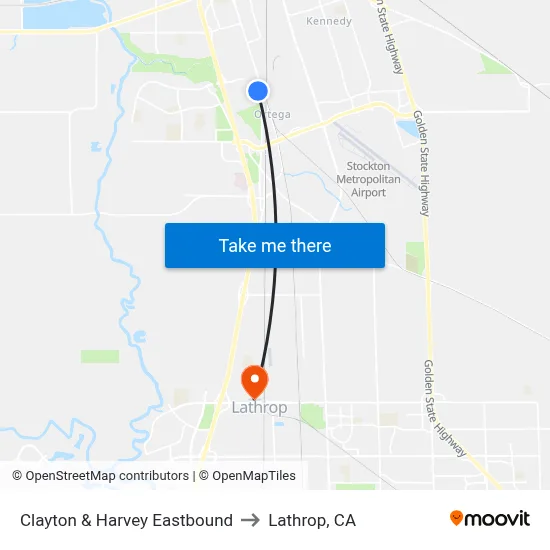 Clayton & Harvey Eastbound to Lathrop, CA map