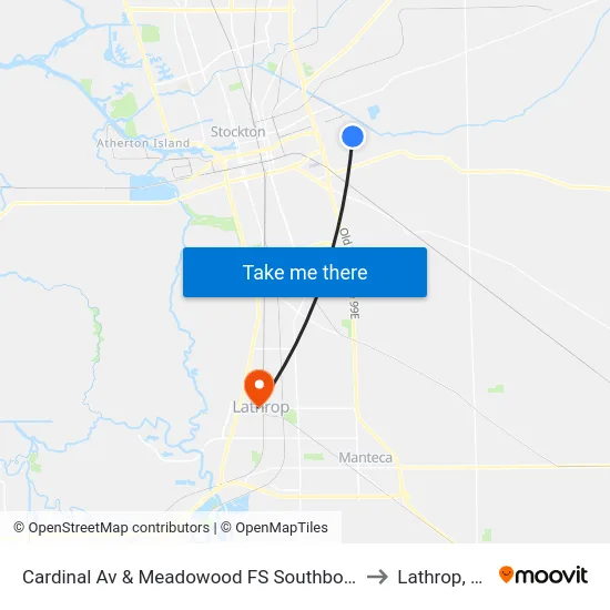 Cardinal Av & Meadowood FS Southbound to Lathrop, CA map