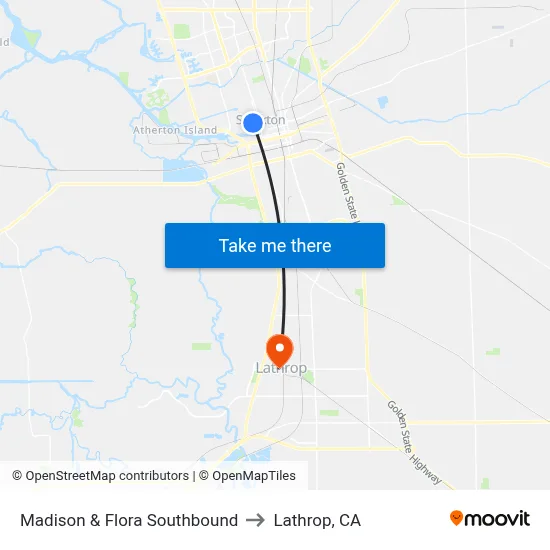Madison & Flora Southbound to Lathrop, CA map