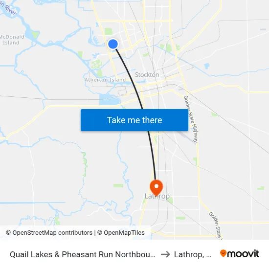Quail Lakes & Pheasant Run Northbound to Lathrop, CA map