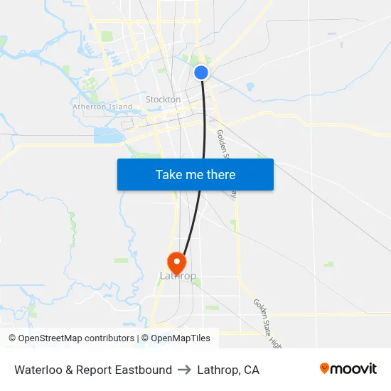 Waterloo & Report Eastbound to Lathrop, CA map