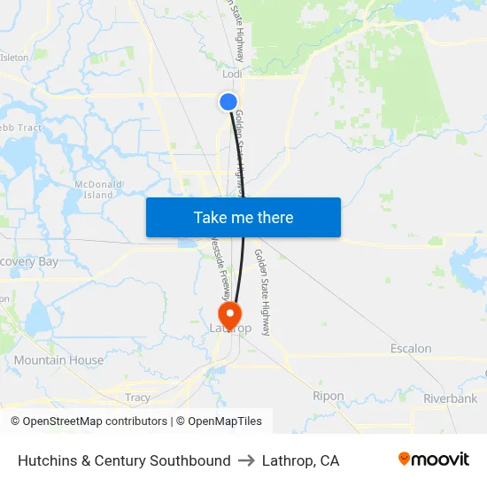 Hutchins & Century Southbound to Lathrop, CA map