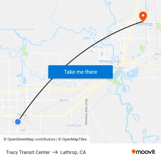 Tracy Transit Center to Lathrop, CA map