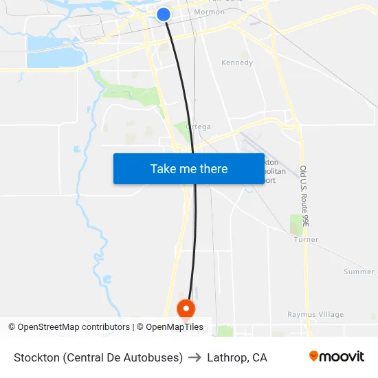Stockton (Central De Autobuses) to Lathrop, CA map