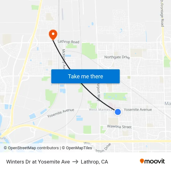 Winters Dr at Yosemite Ave to Lathrop, CA map