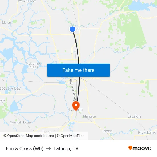 Elm & Cross (Wb) to Lathrop, CA map