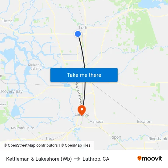 Kettleman & Lakeshore (Wb) to Lathrop, CA map