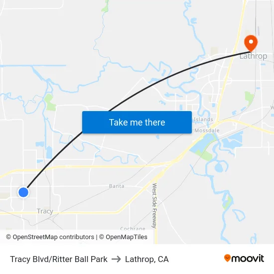 Tracy Blvd/Ritter Ball Park to Lathrop, CA map