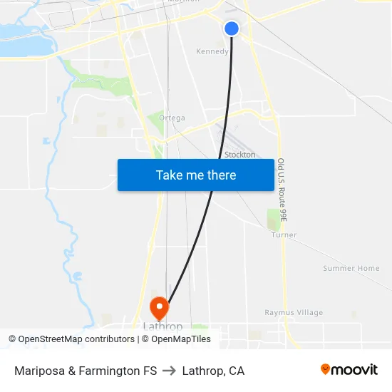 Mariposa & Farmington FS to Lathrop, CA map