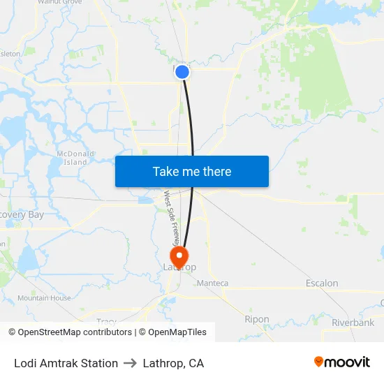 Lodi Amtrak Station to Lathrop, CA map