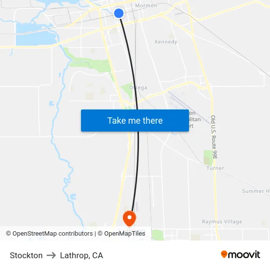 Stockton to Lathrop, CA map