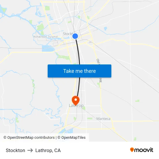 Stockton to Lathrop, CA map