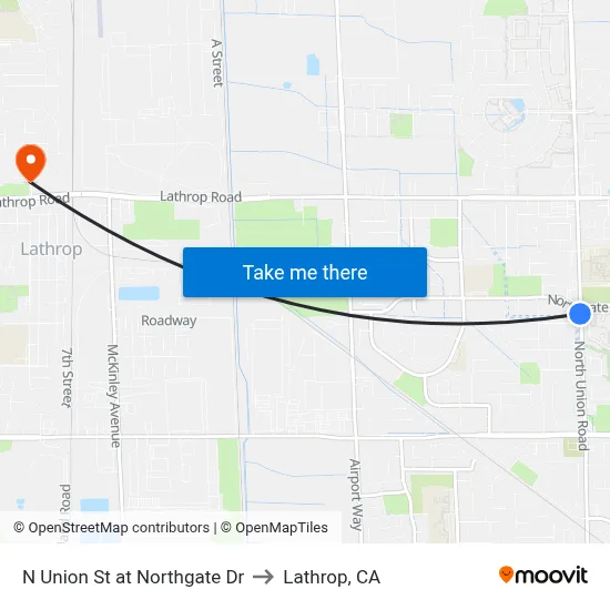 N Union St at Northgate Dr to Lathrop, CA map