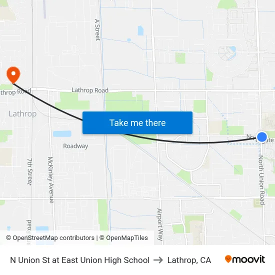 N Union St at East Union High School to Lathrop, CA map