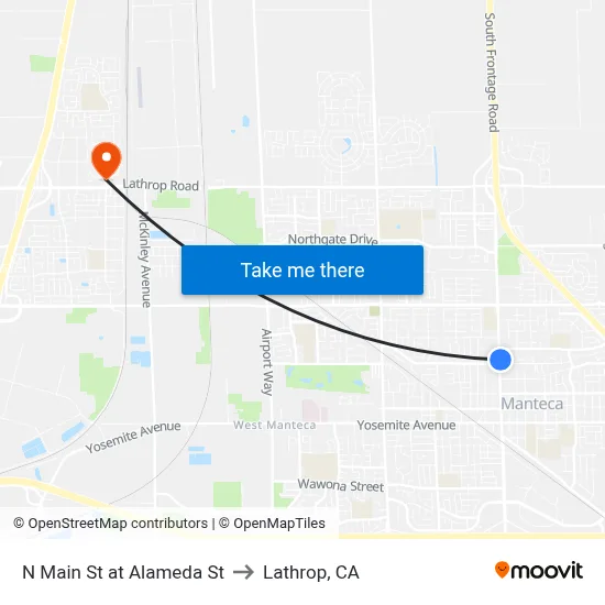 N Main St at Alameda St to Lathrop, CA map