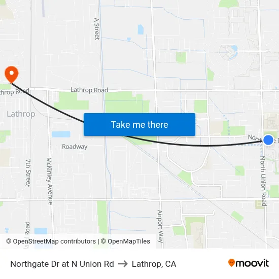Northgate Dr at N Union Rd to Lathrop, CA map