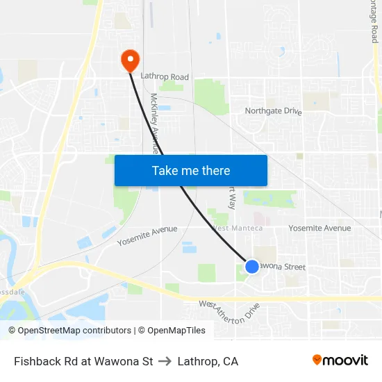 Fishback Rd at Wawona St to Lathrop, CA map