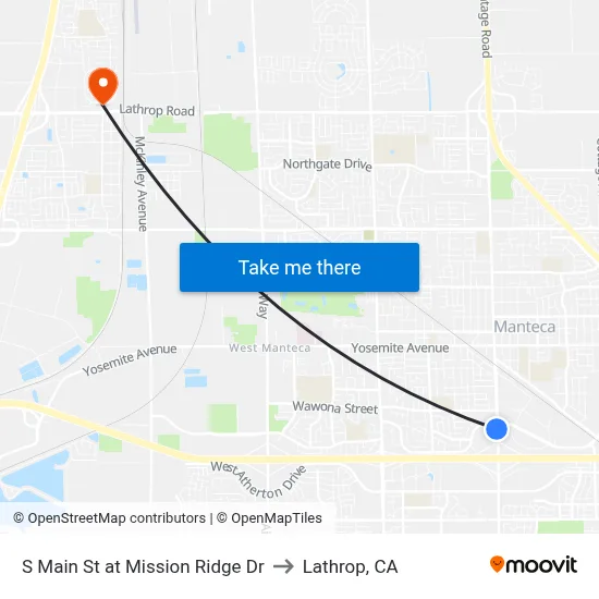 S Main St at Mission Ridge Dr to Lathrop, CA map