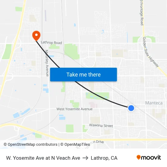W. Yosemite Ave at N Veach Ave to Lathrop, CA map
