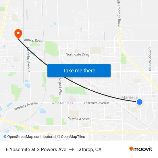 E Yosemite at S Powers Ave to Lathrop, CA map