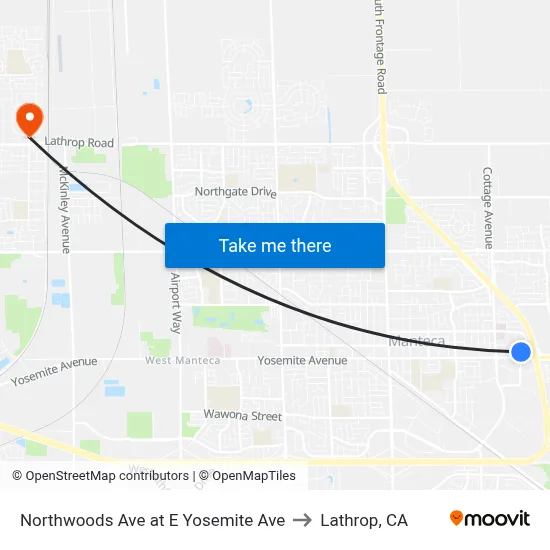 Northwoods Ave at E Yosemite Ave to Lathrop, CA map