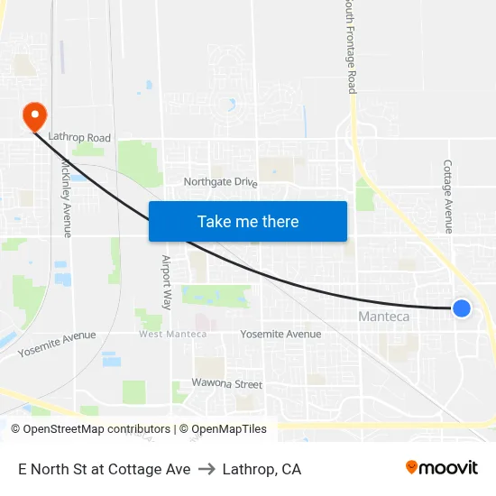 E North St at Cottage Ave to Lathrop, CA map