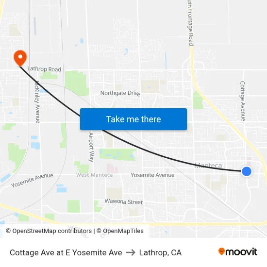 Cottage Ave at E Yosemite Ave to Lathrop, CA map