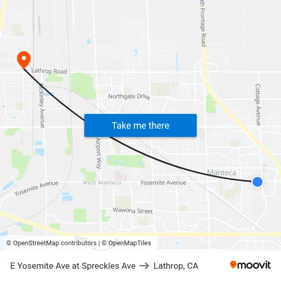 E Yosemite Ave at Spreckles Ave to Lathrop, CA map