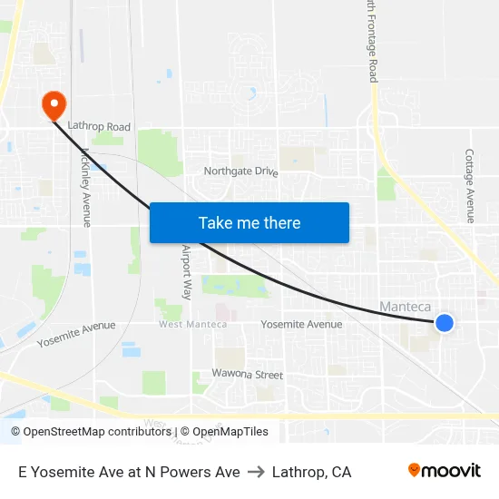 E Yosemite Ave at N Powers Ave to Lathrop, CA map