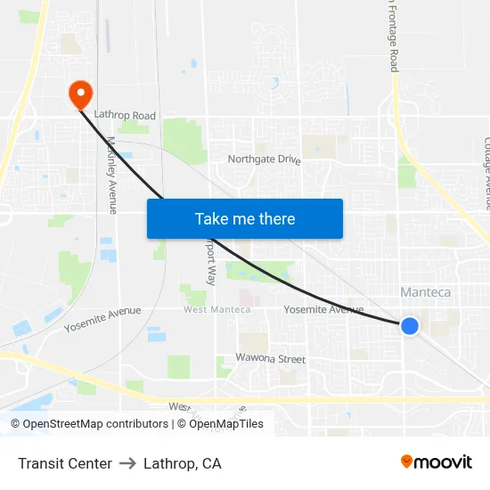 Transit Center to Lathrop, CA map