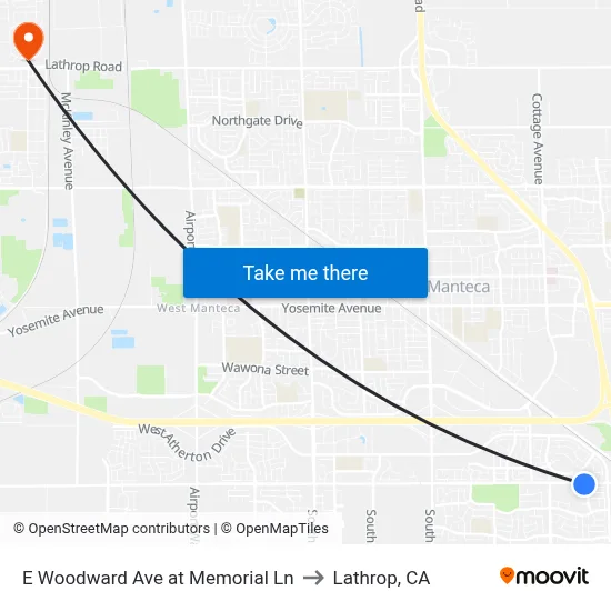 E Woodward Ave at Memorial Ln to Lathrop, CA map