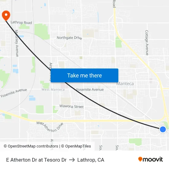 E Atherton Dr at Tesoro Dr to Lathrop, CA map