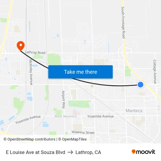 E Louise Ave at Souza Blvd to Lathrop, CA map