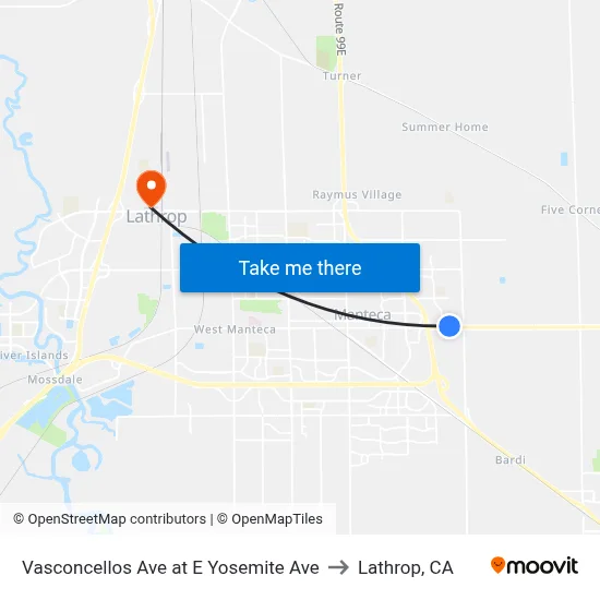 Vasconcellos Ave at E Yosemite Ave to Lathrop, CA map
