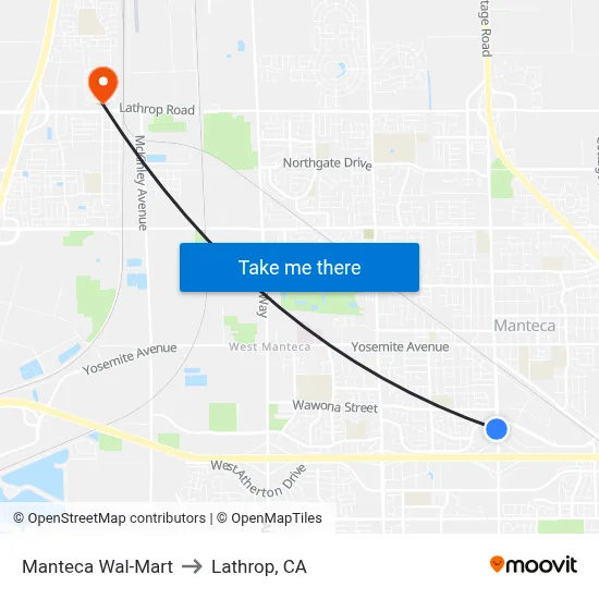 Manteca Wal-Mart to Lathrop, CA map