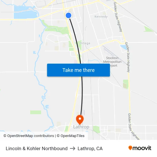 Lincoln & Kohler Northbound to Lathrop, CA map