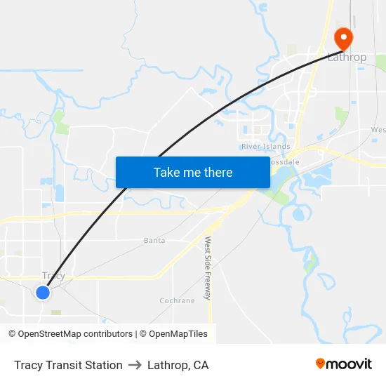 Tracy Transit Station to Lathrop, CA map