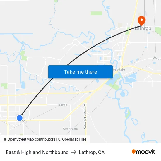 East & Highland Northbound to Lathrop, CA map