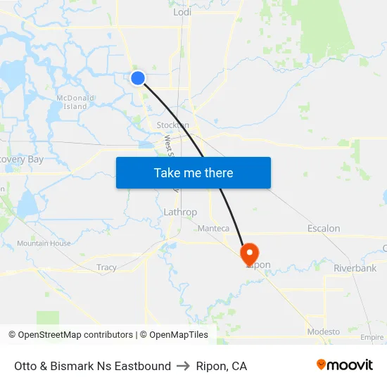 Otto & Bismark Ns Eastbound to Ripon, CA map