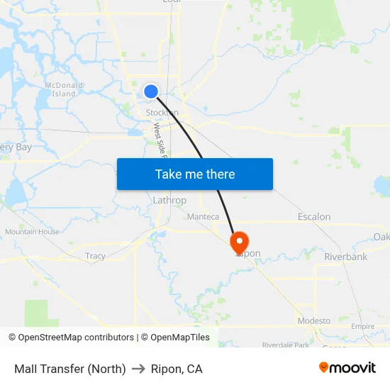 Mall Transfer (North) to Ripon, CA map