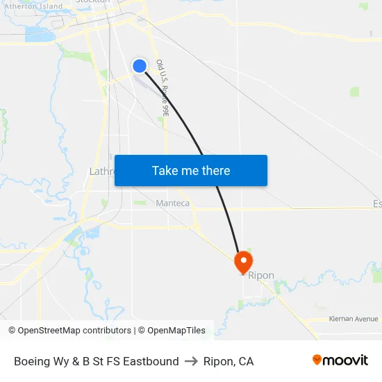 Boeing Wy & B St FS Eastbound to Ripon, CA map